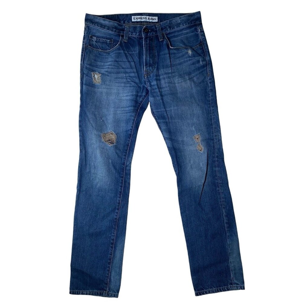 Express Rocco Jeans Mens 31/32 (33/31) Slim Fit Skinny Leg Dark Wash Distressed
